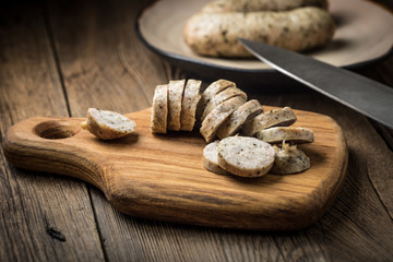 Sliced tasty white sausage.