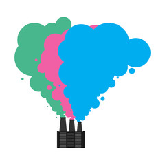Colored smoke from pipes of factory. Industrial landscape. Plant poisonous emissions. Environmental pollution. Ecological catastrophy. Vector illustration