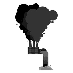 Industrial landscape. Plant poisonous emissions. Environmental pollution. Black smoke from pipes of factory. Ecological catastrophy. Vector illustration