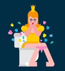 Princess on toilet Fart butterfly. Woman is in WC. Sweet girl with crown. Vector illustration