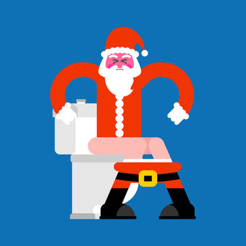 Santa on toilet. Christmas grandfather is in WC. Xmas  and New Year Vector illustration