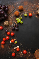 Healthy rustic food recipe frame top view. Tasty background with variety of vegetables and spices, free space. Cuisine and menu concept