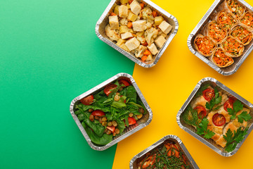 Healthy meals delivery. Eating right concept, copy space, top view.