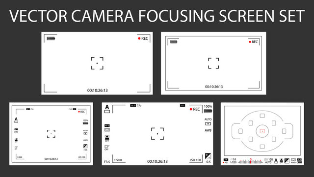 Modern camera focusing screen with settings 5 in 1 pack - digital, mirorless, DSLR. White viewfinders camera recording isolated. Vector illustration