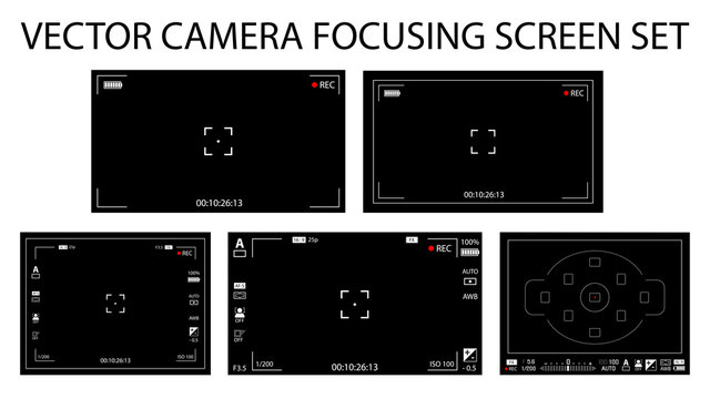 Modern camera focusing screen with settings 5 in 1 pack - digital, mirorless, DSLR. Black viewfinders camera recording isolated. Vector illustration