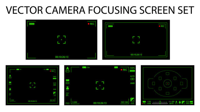 Modern camera focusing screen with settings 5 in 1 pack - digital, mirorless, DSLR. Black and green viewfinders camera recording isolated. Vector illustration