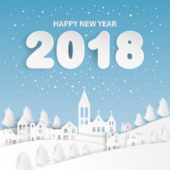 Fototapeta na wymiar Happy new year 2018 text design with country village and winter background. Greeting card or invitation paper art style.