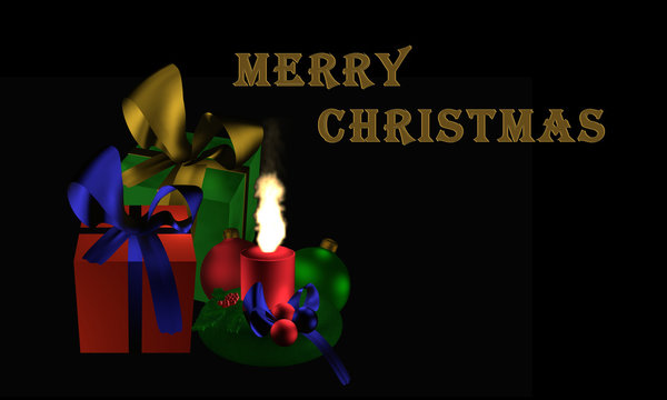 Stimmungsvolles Weihnachtsbild mit Geschenken und brennender Kerze auf schwarzem Hintergrund mit dem Text "Frohe Weihnachten"