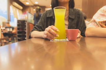 Healthy Lifestyle. Young woman drinking fruit water with fresh organic lemon.