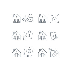 House video camera surveillance, alarm guard system, home security, burglary protection, property break in insurance, stroke icon