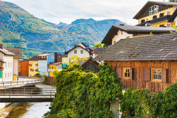 Beautiful street in Ebensee village in Austrian Alps