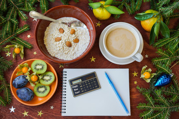 New Year's breakfast, coffee, bread, jam. Festive table setting.