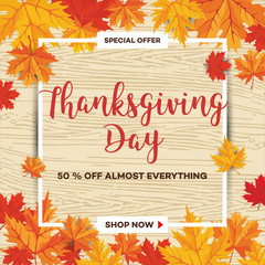 Template for Thanksgiving Day sale discount banner with autumn leaves and pumpkin. Vector illustration for invitation, posters, brochure, special offer voucher. American traditional family holiday.