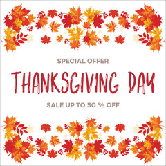 Template for Thanksgiving Day sale discount banner with autumn leaves and pumpkin. Vector illustration for invitation, posters, brochure, special offer voucher. American traditional family holiday.