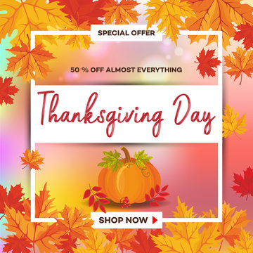Template for Thanksgiving Day sale discount banner with autumn leaves and pumpkin. Vector illustration for invitation, posters, brochure, special offer voucher. American traditional family holiday.