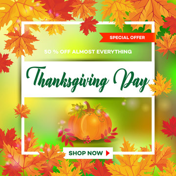 Template for Thanksgiving Day sale discount banner with autumn leaves and pumpkin. Vector illustration for invitation, posters, brochure, special offer voucher. American traditional family holiday.