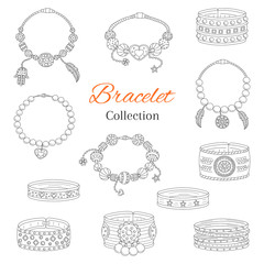 Fashionable bracelets collection, vector hand drawn doodle illustration.