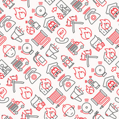 Fototapeta premium Firefighter seamless pattern with thin line icons: fire, extinguisher, axes, hose, hydrant. Modern vector illustration for banner, web page, print media.