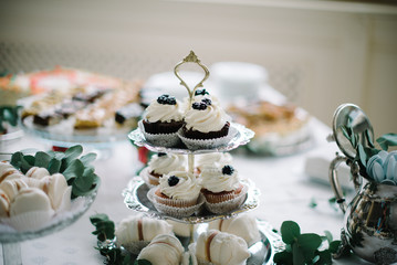Cake Dessert with macaroons and cake, decorate green tone