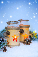 new year christmas snow bank glass decoration snow tree cones blue holiday background