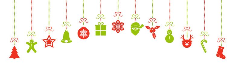 Hanging Christmas icons on white background - panoramic header. Vector.