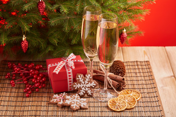 Champagne and gift. New year and Christmas.