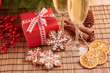 Champagne and gift. New year and Christmas.