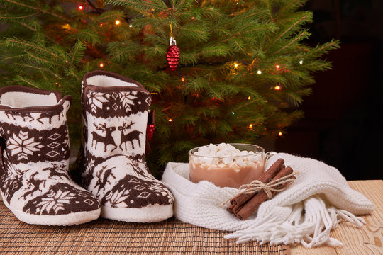 Warm slippers near Christmas fir tree.