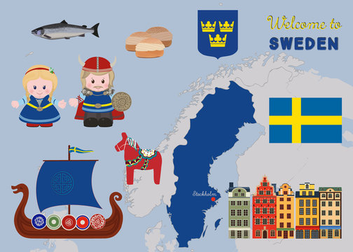 Welcome to Sweden, scandinavian symbols set