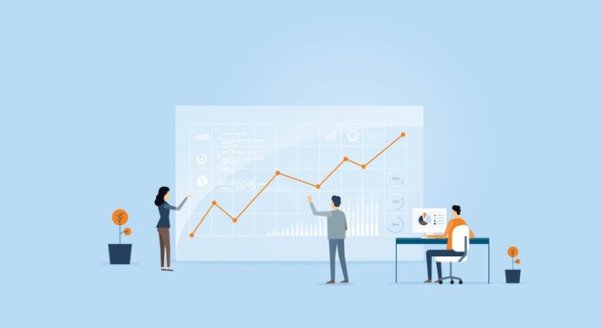 business people analytics graph on monitor and people business team working  concept