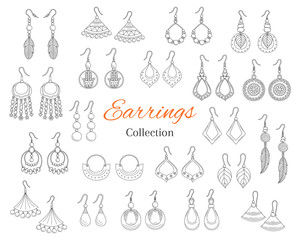 Fashionable earrings collection, vector hand drawn doodle illustration.