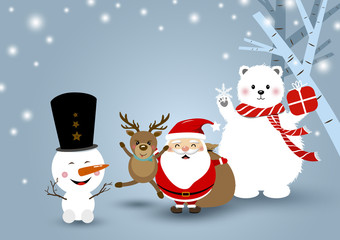 Christmas concept design of santa claus reindeer snowman and white bear with copy space vector illustration