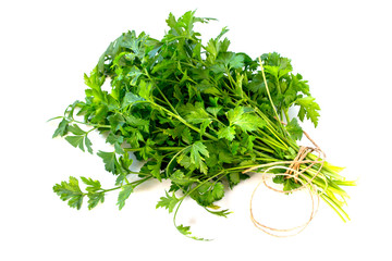 Fresh parsley isolated on white background, tied with rope.