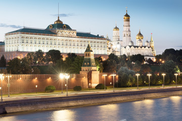 Fototapeta na wymiar Kremlin wall, Ivan Great bell tower and Grand Palace at evening in Moscow, Russia