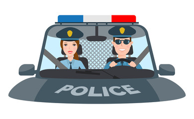 police man and police woman in car front view