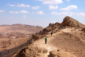 Two unrecognized hikers on scenic trail in Negev desert.