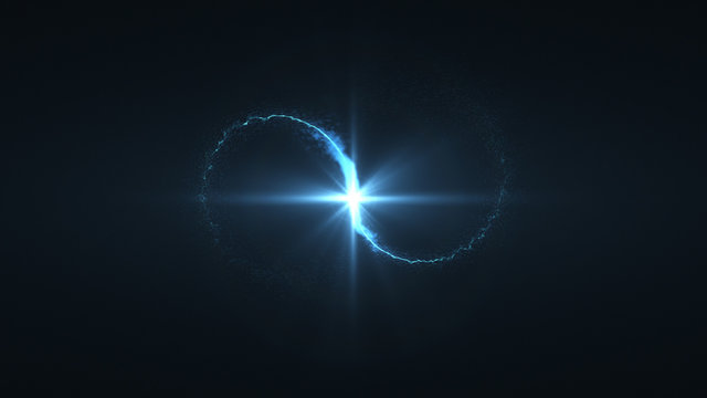 lightning blue ball flying. Shining lights in motion with small particles. Ring of electricity, Plasma ring on a dark background.