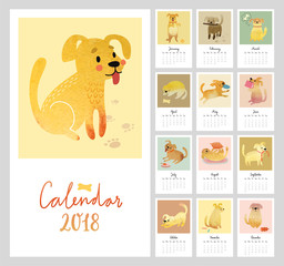 Calendar 2018. Cute monthly calendar with Watercolor dogs.