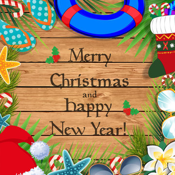 Merry christmas and happy new year card on a warm climate design
