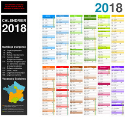 Calendrier 2018 sur 12 mois avec modification des dates pour la zone B découpée en B1 et B2 MODIFIABLE avec non vectorisés / Calendrier scolaire complet, numéros d'urgence