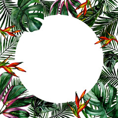 Fototapeta na wymiar Tropical Hawaii leaves frame in a watercolor style. Aquarelle wild flower for background, texture, wrapper pattern, frame or border.