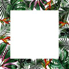 Fototapeta na wymiar Tropical Hawaii leaves frame in a watercolor style. Aquarelle wild flower for background, texture, wrapper pattern, frame or border.