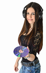 
young girl with cd on white background