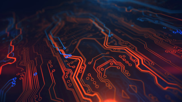  Orange Yellow and Blue Digital Hardware Technology. Computer background. PCB. Printed circuit board. Computer motherboard. 3d illustration.