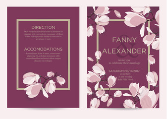Wedding invitation card with flowers of magnolia. Invitation template with places for text  Vector illustration.