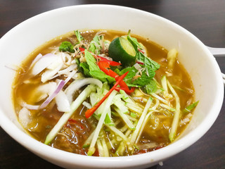 Close-up on Penang Asam Laksa, popular Malaysian cuisine
