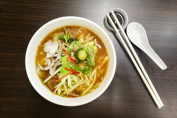 Penang Asam Laksa with prawn paste, popular Malaysian cuisine © ThamKC