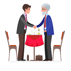 Partners businessmen greet each other by shaking hands before business lunch. Vector illustration colorful isolated on white background