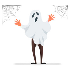 Male teenage dressed in costume of spooky ghost celebrating at Halloween party. Vector illustration colorful isolated on white background, spider web design added