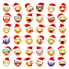 Smiley,emoticon set. Yellow face with emotions and Christmas hat. New Year, Santa.Winter emoji. Sad,happy,angry faces.Funny cartoon character.Mood. Vector.